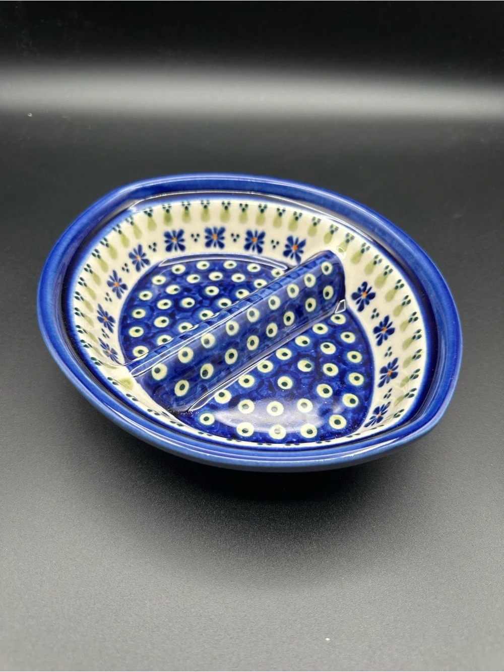 Boleslawiec Polish Pottery Divided Dish–Peacock Pattern, Handmade in Poland, EUC